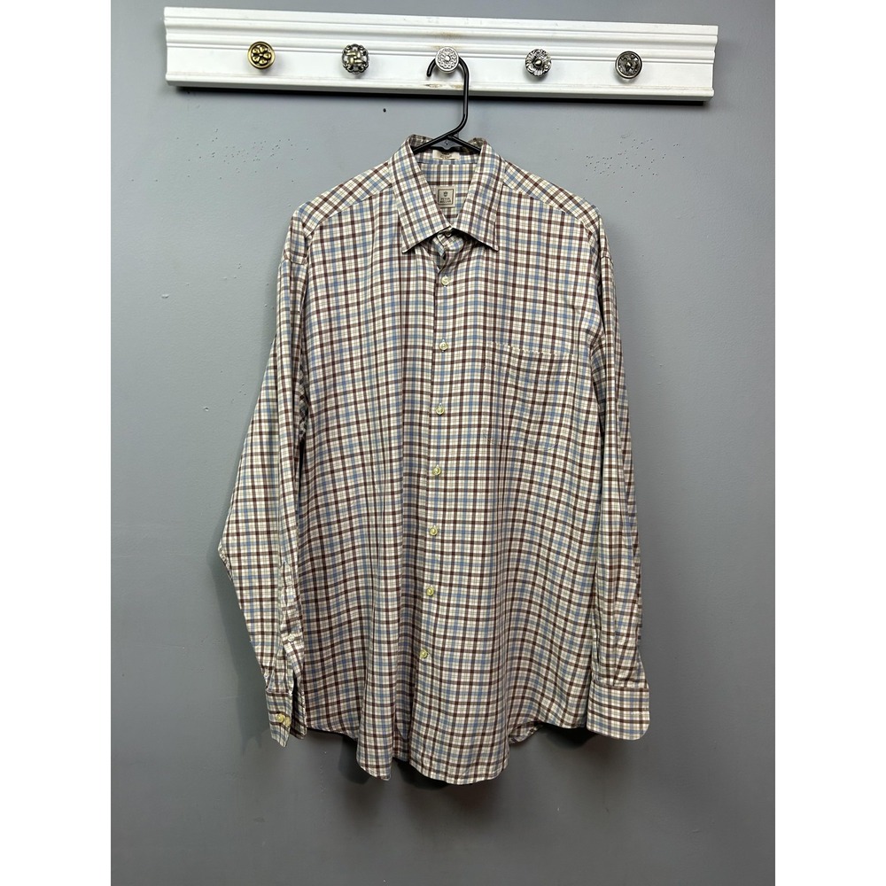 Peter Millar Shirt Mens Large Brown Blue Plaid Button Down Long Sleeve Cotton